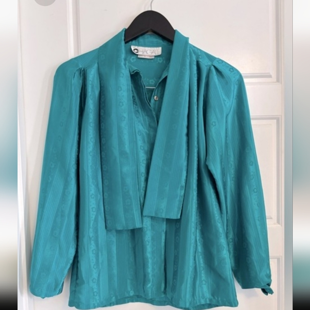 Vintage Chagall Teal Secretary Pussybow Blouse - Picture 2 of 7